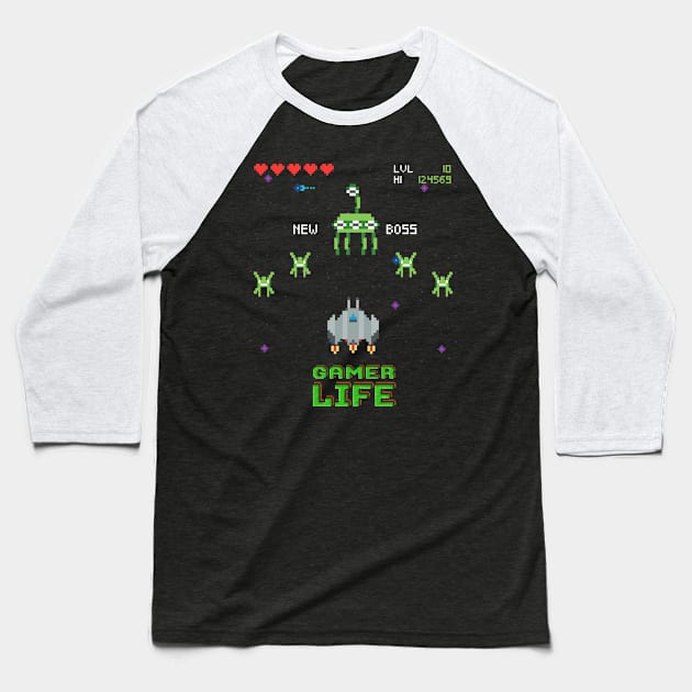 Retro Space Arcade Video Game Baseball T-Shirt by AlondraHanley